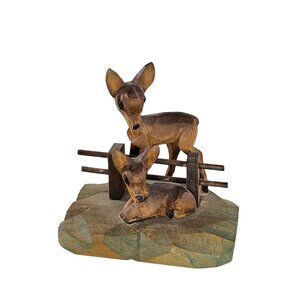 Hand-Carved Wooden Deer Family Sculpture With Rustic Fence On Geometric Base